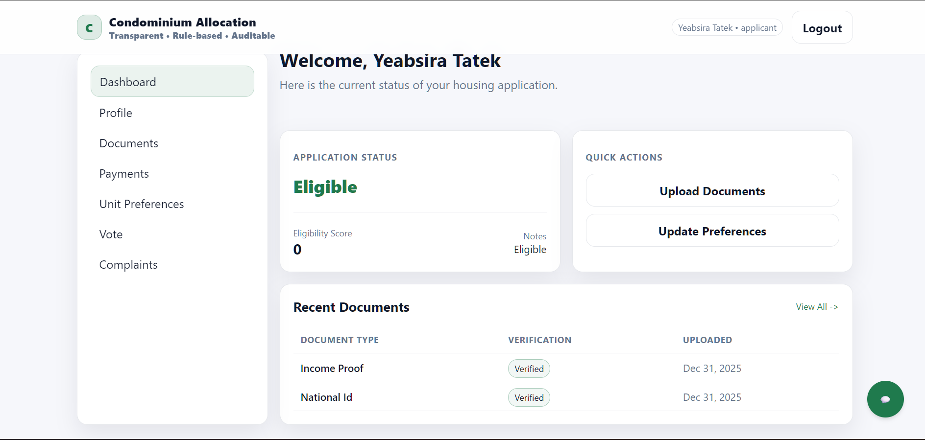 Dashboard page screenshot