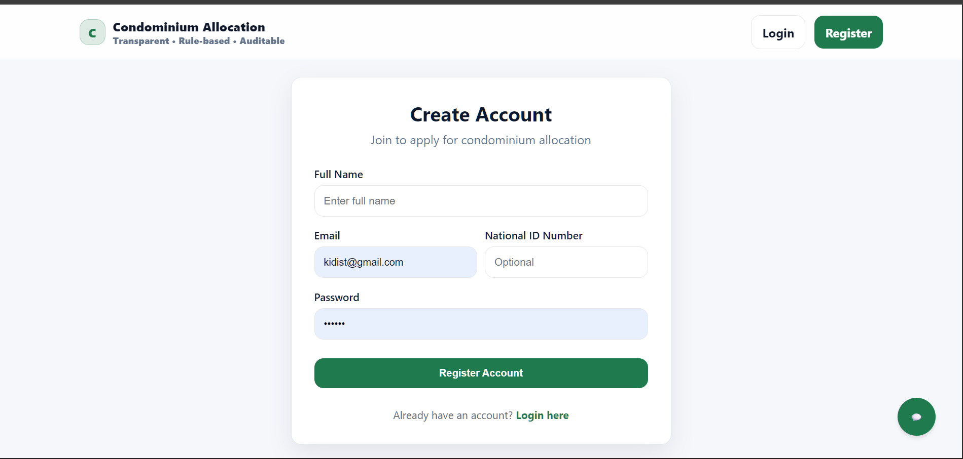 Register page screenshot